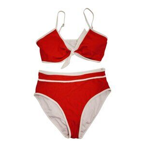 Red High-Waist Bikini Swimsuit White Trim Tie-Front Top Adjustable Straps Size L